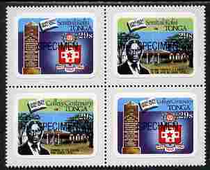 Tonga 1982 College Centenary 29s self-adhesive se-tenant block of 4 opt'd SPECIMEN unmounted mint, as SG 827-30, stamps on education, stamps on self adhesive
