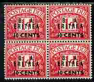 British Occupations of Italian Colonies - Eritrea 1950 KG6 British Administration Postage Due 10c on 1d overprinted BA Eritrea block of 4 unmounted mint SG ED7, stamps on , stamps on  kg6 , stamps on 