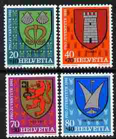 Switzerland 1981 Pro Juventute Arms of the Communes set of 4 unmounted mint SG J274-7, stamps on arms, stamps on heraldry, stamps on shells, stamps on 
