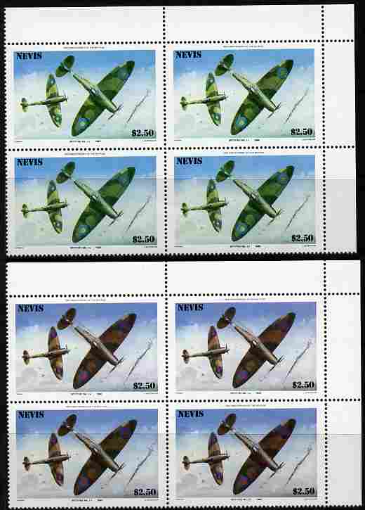 Nevis 1986 Spitfire $2.50 (Mark 1A in Battle of Britain) with red omitted plus normal each in unmounted mint matched corner blocks from the top of the sheet as SG 373.  , stamps on aviation, stamps on  raf , stamps on  ww2 , stamps on militaria, stamps on battles