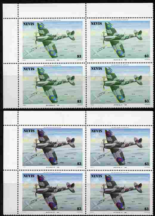 Nevis 1986 Spitfire $3 (Mark XII) with red omitted plus normal each in unmounted mint matched corner blocks from the top of the sheet as SG 374. , stamps on , stamps on  stamps on aviation, stamps on  stamps on  raf , stamps on  stamps on  ww2 , stamps on  stamps on militaria, stamps on  stamps on battles