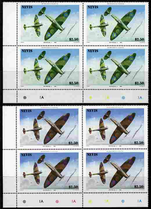 Nevis 1986 Spitfire $2.50 (Mark 1A in Battle of Britain) with red omitted plus normal each in unmounted mint matched corner blocks from the lower left corner with plate n..., stamps on aviation, stamps on  raf , stamps on  ww2 , stamps on militaria, stamps on battles