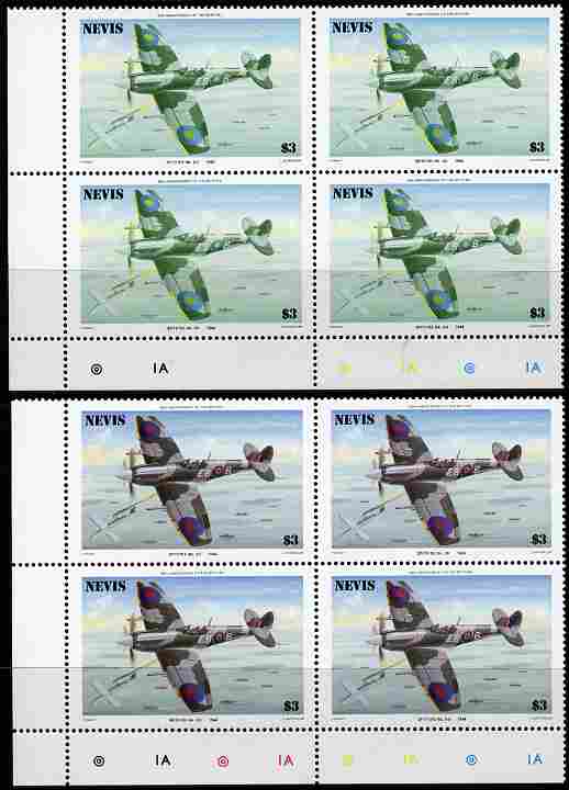 Nevis 1986 Spitfire $3 (Mark XII) with red omitted plus normal each in unmounted mint matched corner blocks from the lower left corner with plate numbers & colour checks ..., stamps on aviation, stamps on  raf , stamps on  ww2 , stamps on militaria, stamps on battles
