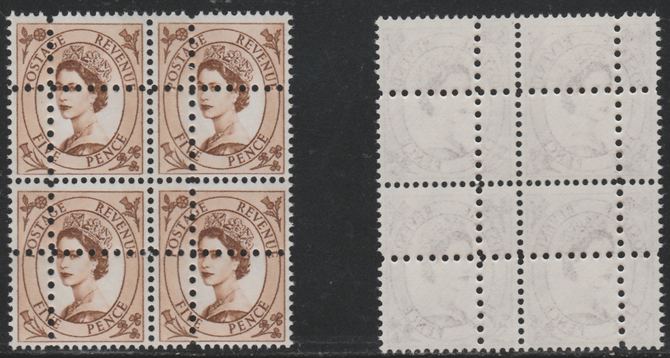 Great Britain 1960-67 Wilding 5d phosphor unmounted mint block of 4 with perforations doubled (stamps are quartered) interesting forgery, stamps on forgery