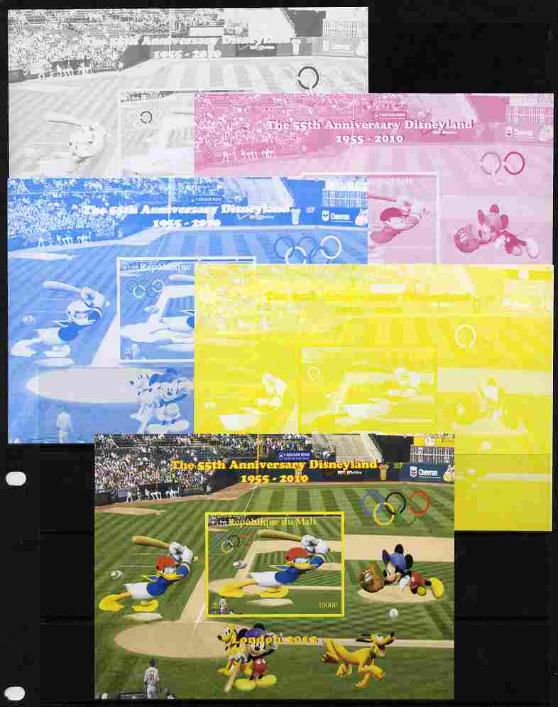 Mali 2010 The 55th Anniversary of Disneyland - Baseball #1 s/sheet - the set of 5 imperf progressive proofs comprising the 4 individual colours plus all 4-colour composite, unmounted mint, stamps on disney, stamps on films, stamps on cinema, stamps on movies, stamps on cartoons, stamps on sport, stamps on baseball