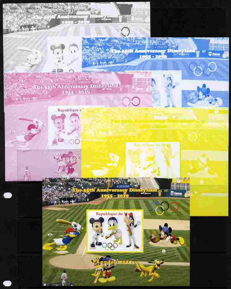 Mali 2010 The 55th Anniversary of Disneyland - Baseball #4 s/sheet - the set of 5 imperf progressive proofs comprising the 4 individual colours plus all 4-colour composit..., stamps on disney, stamps on films, stamps on cinema, stamps on movies, stamps on cartoons, stamps on sport, stamps on baseball