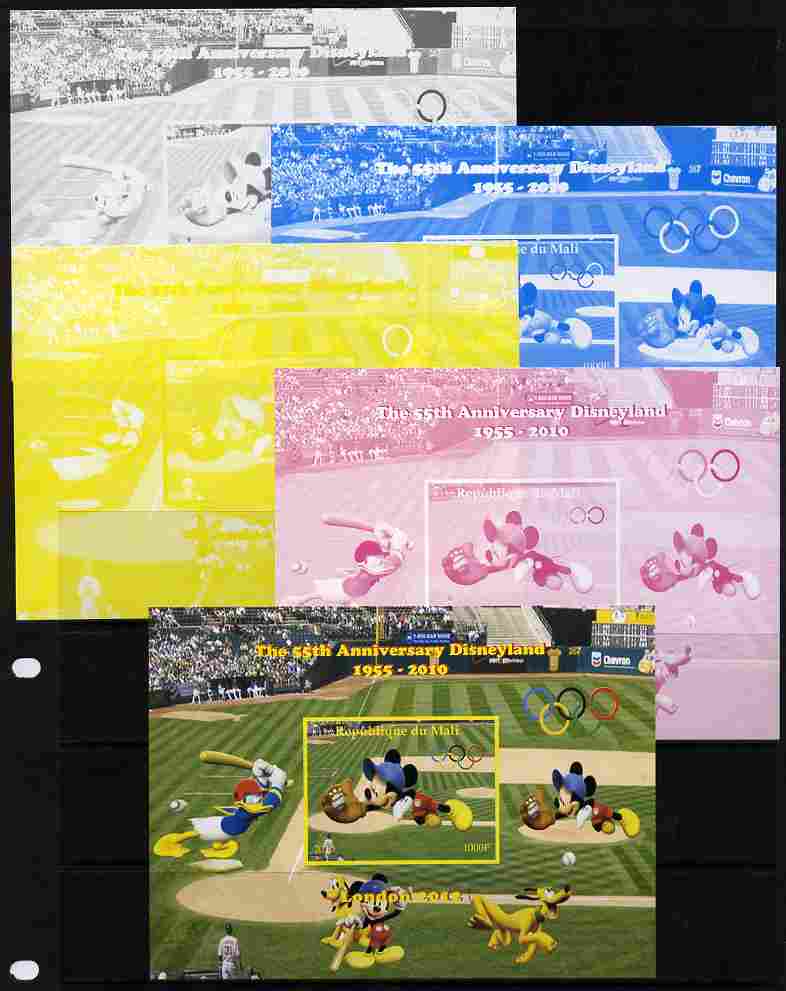 Mali 2010 The 55th Anniversary of Disneyland - Baseball #5 s/sheet - the set of 5 imperf progressive proofs comprising the 4 individual colours plus all 4-colour composite, unmounted mint, stamps on disney, stamps on films, stamps on cinema, stamps on movies, stamps on cartoons, stamps on sport, stamps on baseball