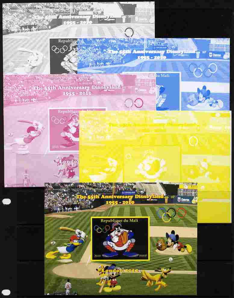 Mali 2010 The 55th Anniversary of Disneyland - Baseball #6 s/sheet - the set of 5 imperf progressive proofs comprising the 4 individual colours plus all 4-colour composite, unmounted mint, stamps on disney, stamps on films, stamps on cinema, stamps on movies, stamps on cartoons, stamps on sport, stamps on baseball