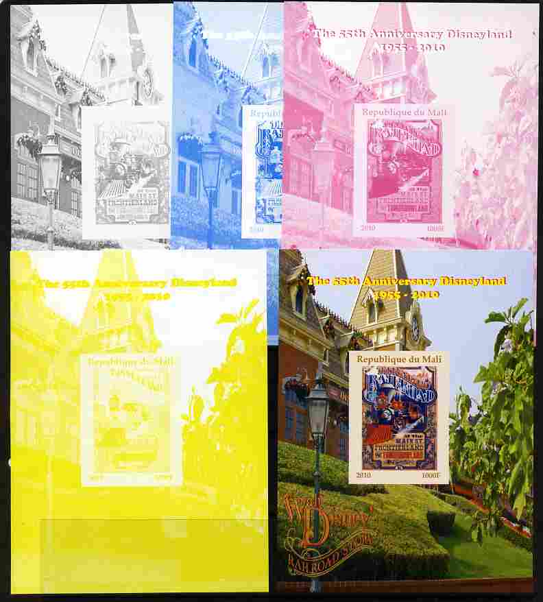 Mali 2010 The 55th Anniversary of Disneyland - Walt Disney's Railroad Story #16 s/sheet - the set of 5 imperf progressive proofs comprising the 4 individual colours plus all 4-colour composite, unmounted mint, stamps on disney, stamps on films, stamps on cinema, stamps on movies, stamps on cartoons, stamps on railways