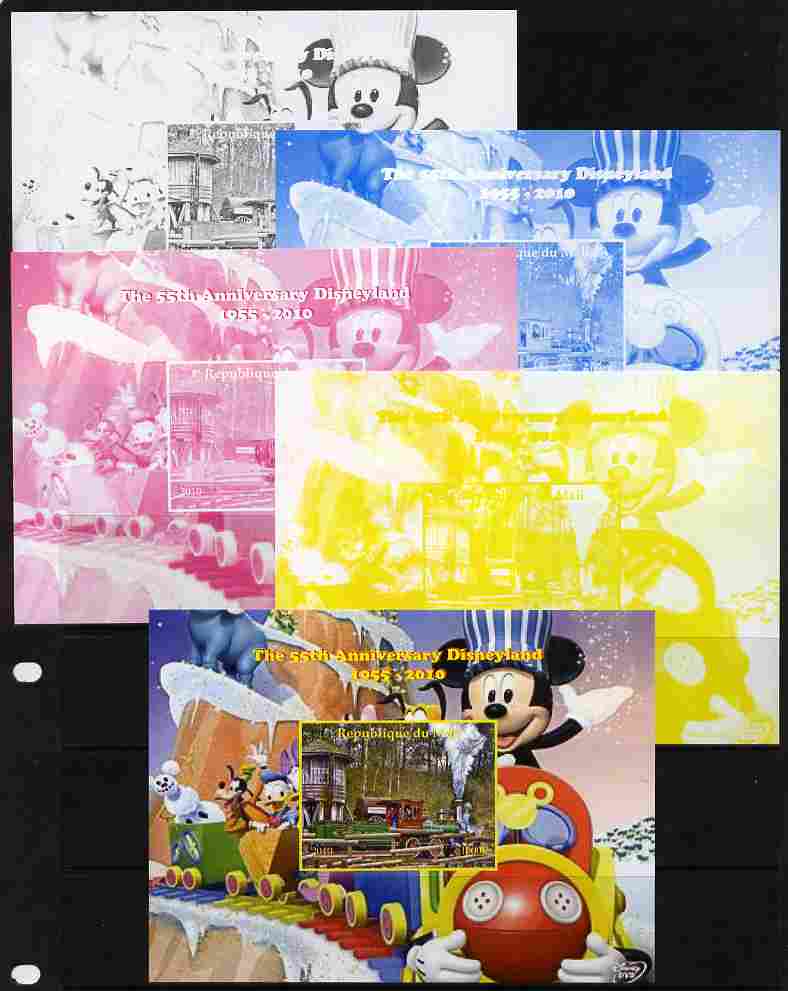 Mali 2010 The 55th Anniversary of Disneyland - Mickey Mouse Railway #02 s/sheet - the set of 5 imperf progressive proofs comprising the 4 individual colours plus all 4-co..., stamps on disney, stamps on films, stamps on cinema, stamps on movies, stamps on cartoons, stamps on railways