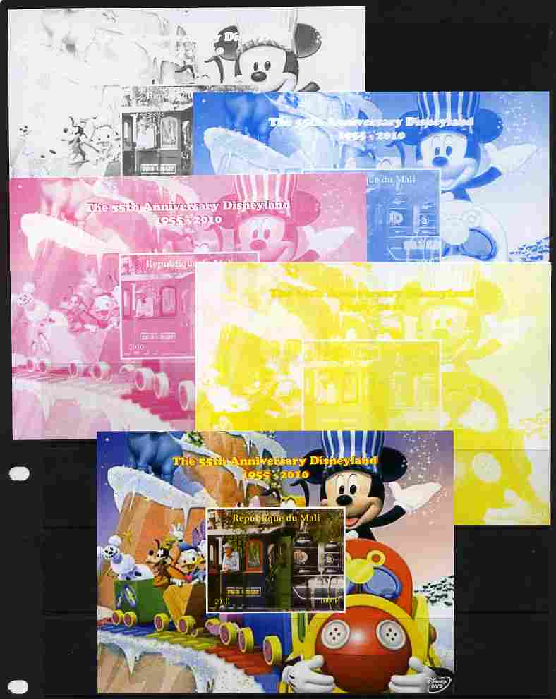 Mali 2010 The 55th Anniversary of Disneyland - Mickey Mouse Railway #06 s/sheet - the set of 5 imperf progressive proofs comprising the 4 individual colours plus all 4-co..., stamps on disney, stamps on films, stamps on cinema, stamps on movies, stamps on cartoons, stamps on railways