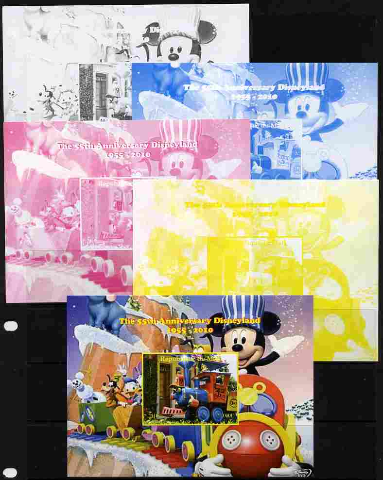 Mali 2010 The 55th Anniversary of Disneyland - Mickey Mouse Railway #07 s/sheet - the set of 5 imperf progressive proofs comprising the 4 individual colours plus all 4-co..., stamps on disney, stamps on films, stamps on cinema, stamps on movies, stamps on cartoons, stamps on railways