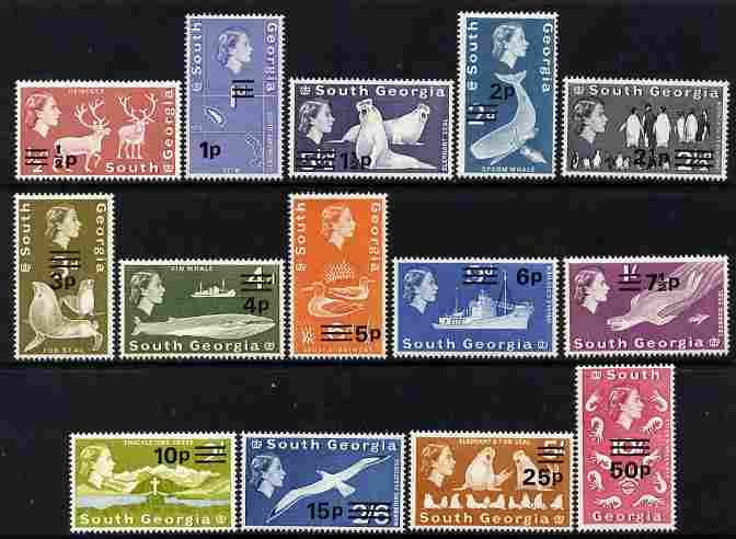 Falkland Islands Dependencies - South Georgia 1971-76 Decimal Currency surcharged definitive set of 14 complete unmounted mint SG 18-31a, stamps on , stamps on  stamps on animals, stamps on  stamps on polar, stamps on  stamps on penguins, stamps on  stamps on whales, stamps on  stamps on ships, stamps on  stamps on 