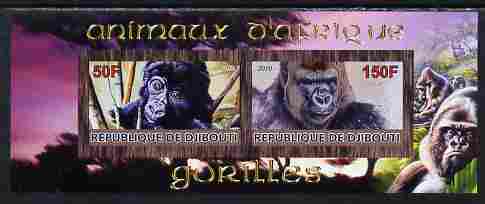 Djibouti 2010 Animals of Africa - Gorillas imperf sheetlet containing 2 values unmounted mint, stamps on animals, stamps on gorillas