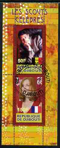Djibouti 2010 Famous Scouts - Isabel Huppert & Jacques Brel perf sheetlet containing 2 values fine cto used, stamps on personalities, stamps on scouts, stamps on films, stamps on cinema, stamps on movies, stamps on music