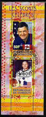 Djibouti 2010 Famous Scouts - Neil Armstrong & Marc Garneau perf sheetlet containing 2 values fine cto used, stamps on personalities, stamps on space, stamps on apollo, stamps on masonics, stamps on scouts, stamps on masonry