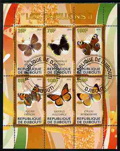 Djibouti 2010 Butterflies #02 perf sheetlet containing 6 values fine cto used, stamps on butterflies