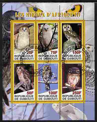 Djibouti 2010 African Owls #03 perf sheetlet containing 6 values fine cto used, stamps on birds, stamps on birds of prey, stamps on owls