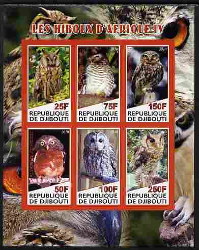 Djibouti 2010 African Owls #04 imperf sheetlet containing 6 values unmounted mint, stamps on birds, stamps on birds of prey, stamps on owls