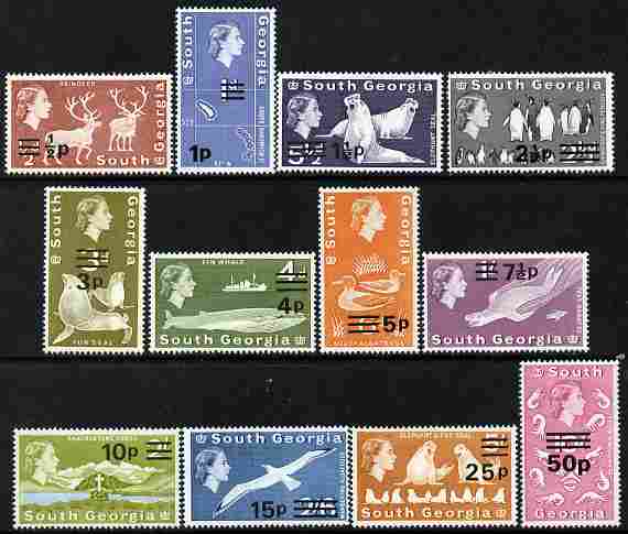 Falkland Islands Dependencies - South Georgia 1977-78 Decimal Currency surcharged set of 12 unmounted mint SG 53-66, stamps on animals, stamps on polar, stamps on penguins, stamps on whales, stamps on ships, stamps on 