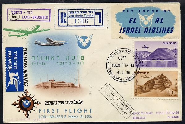 Israel 1956 El-Al Israel Airlines reg first flight illustrated cover to Brussels bearing Air stamps with various handstamps & backstamps, stamps on aviation     