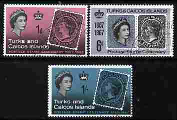 Turks & Caicos Islands 1967 Stamp Centenary perf set of 3 cto used, SG 288-90, stamps on , stamps on  stamps on stamp on stamp, stamps on  stamps on stamp centenary, stamps on  stamps on  ships, stamps on  stamps on aviation, stamps on  stamps on stamponstamp