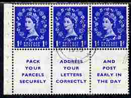 Great Britain 1952-54 Wilding 1d ultramarine Tudor Crown booklet pane of 6 (3 stamps plus Pack Your Parcels Securely) with inverted watermark fine used with good perfs (r..., stamps on 