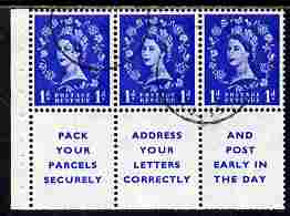 Great Britain 1955-58 Wilding 1d ultramarine Edward Crown booklet pane of 6 (3 stamps plus Pack Your Parcels Securely) with inverted watermark fine used with good perfs SG spec SB29a, stamps on 