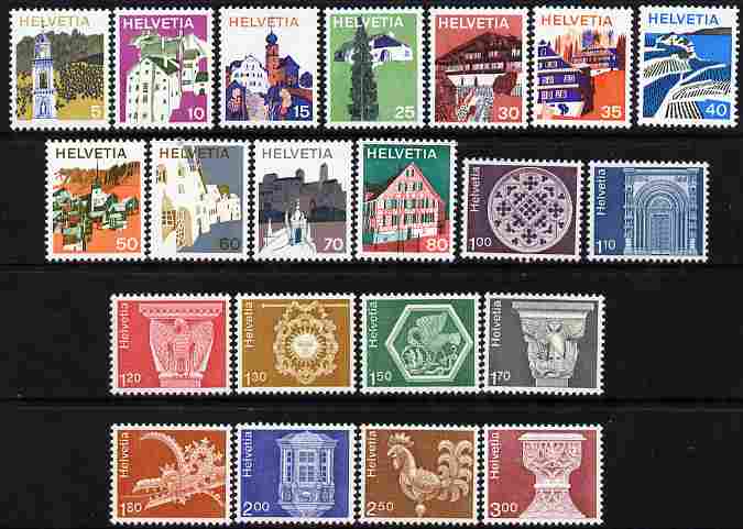 Switzerland 1973-80 Pictorial definitive set of 22 on phosphorescent paper unmounted mint SG 847-66, stamps on 