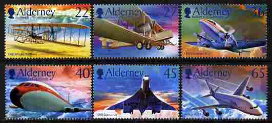 Guernsey - Alderney 2003 Centenary of Powered Flight perf set of 6 unmounted mint SG A204-9, stamps on aviation, stamps on concorde, stamps on comet, stamps on douglas, stamps on  dc3 , stamps on 