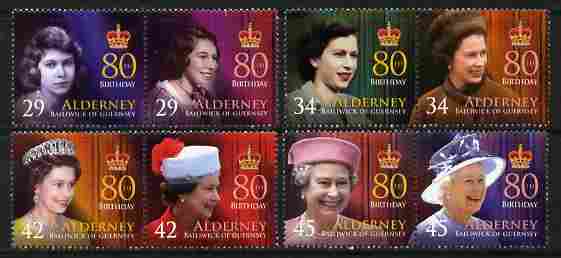 Guernsey - Alderney 2006 80th Birthday of Queen Elizabeth II perf set of 8 (4 se-tenant pairs) unmounted mint SG A274-81, stamps on royalty