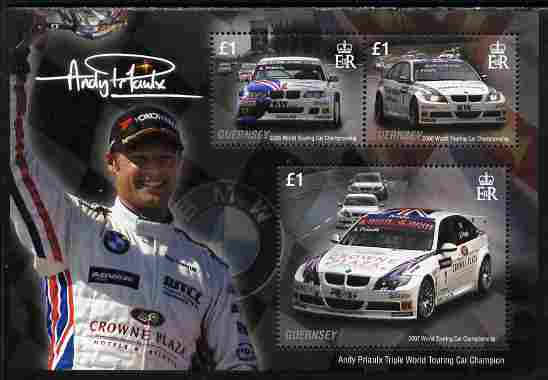Guernsey 2008 Andy Priaulx's Triple World Touring Car Champion perf sheetlet containing 3 x \A31 values unmounted mint, SG MS 1198, stamps on personalities, stamps on cars, stamps on racing cars, stamps on 
