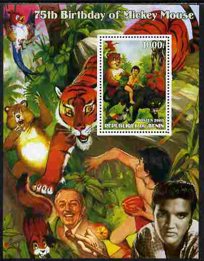 Benin 2003 75th Birthday of Mickey Mouse - Jungle Book (also shows Elvis & Walt Disney) perf m/sheet unmounted mint. Note this item is privately produced and is offered purely on its thematic appeal, stamps on personalities, stamps on movies, stamps on films, stamps on cinema, stamps on fairy tales, stamps on elvis, stamps on disney, stamps on bears