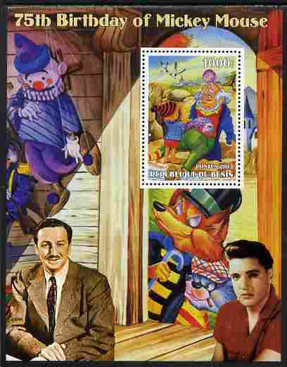 Benin 2003 75th Birthday of Mickey Mouse - Pinocchio #03 (also shows Elvis & Walt Disney) perf m/sheet unmounted mint. Note this item is privately produced and is offered..., stamps on personalities, stamps on movies, stamps on films, stamps on cinema, stamps on fairy tales, stamps on elvis, stamps on disney, stamps on 