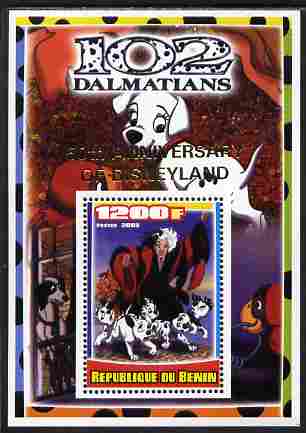 Benin 2005 Disneys 102 Dalmations #1 perf m/sheet overprinted 50th Anniversary of Disneyland in gold unmounted mint. Note this item is privately produced and is offered p..., stamps on disney, stamps on filmes, stamps on cinema, stamps on movies, stamps on cartoons, stamps on dogs, stamps on 