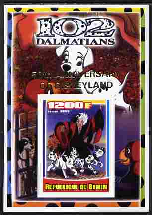 Benin 2005 Disneys 102 Dalmations #1 imperf m/sheet overprinted 50th Anniversary of Disneyland in gold unmounted mint. Note this item is privately produced and is offered..., stamps on disney, stamps on filmes, stamps on cinema, stamps on movies, stamps on cartoons, stamps on dogs, stamps on 