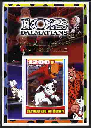 Benin 2005 Disneys 102 Dalmations #4 imperf m/sheet overprinted 50th Anniversary of Disneyland in gold unmounted mint. Note this item is privately produced and is offered..., stamps on disney, stamps on filmes, stamps on cinema, stamps on movies, stamps on cartoons, stamps on dogs, stamps on 