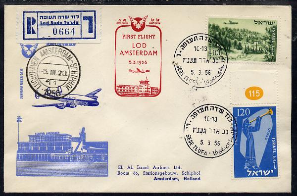 Israel 1956 El-Al Israel Airlines First flight reg illustrated cover to Amsterdam, bearing Air stamps with various markings & backstamps, stamps on aviation      