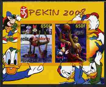 Benin 2007 Beijing Olympic Games #13 - Synch Swimming & Basketball imperf s/sheet containing 2 values (Disney characters in background) unmounted mint. Note this item is ..., stamps on sport, stamps on olympics, stamps on disney, stamps on swimming, stamps on basketball