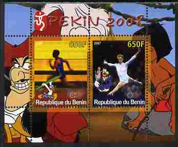 Benin 2007 Beijing Olympic Games #14 - Running & Gymnastics perf s/sheet containing 2 values (Disney characters in background) unmounted mint. Note this item is privately..., stamps on sport, stamps on olympics, stamps on disney, stamps on running, stamps on gymnastics