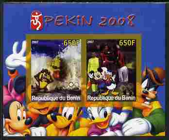 Benin 2007 Beijing Olympic Games #23 - Swimming & Football imperf s/sheet containing 2 values (Disney characters in background) unmounted mint. Note this item is privatel..., stamps on sport, stamps on olympics, stamps on disney, stamps on swimming, stamps on football