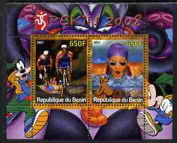 Benin 2007 Beijing Olympic Games #26 - Cycling & Swimming perf s/sheet containing 2 values (Disney characters in background) unmounted mint. Note this item is privately p..., stamps on sport, stamps on olympics, stamps on disney, stamps on bicycles, stamps on swimming
