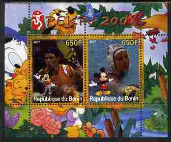 Benin 2007 Beijing Olympic Games #27 - Tennis & Water Polo perf s/sheet containing 2 values (Disney characters in background) unmounted mint. Note this item is privately ..., stamps on sport, stamps on olympics, stamps on disney, stamps on tennis, stamps on water polo
