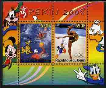 Benin 2007 Beijing Olympic Games #28 - Water Polo & Gymnastics perf s/sheet containing 2 values (Disney characters in background) unmounted mint. Note this item is privat..., stamps on sport, stamps on olympics, stamps on disney, stamps on gymnastics, stamps on water polo