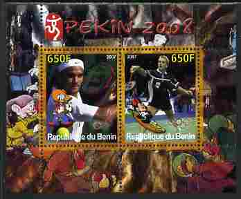 Benin 2007 Beijing Olympic Games #29 - Tennis & Badminton perf s/sheet containing 2 values (Disney characters in background) unmounted mint. Note this item is privately produced and is offered purely on its thematic appeal, stamps on sport, stamps on olympics, stamps on disney, stamps on tennis, stamps on badminton