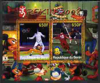 Benin 2007 Beijing Olympic Games #30 - Fencing & Football perf s/sheet containing 2 values (Disney characters in background) unmounted mint. Note this item is privately p..., stamps on sport, stamps on olympics, stamps on disney, stamps on fencing, stamps on football