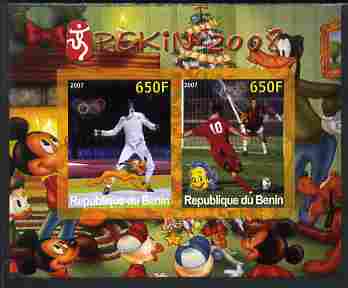 Benin 2007 Beijing Olympic Games #30 - Fencing & Football imperf s/sheet containing 2 values (Disney characters in background) unmounted mint. Note this item is privately produced and is offered purely on its thematic appeal, stamps on sport, stamps on olympics, stamps on disney, stamps on fencing, stamps on football