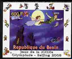 Benin 2008 Beijing Olympics - Disney Characters - Scenes from Peter Pan #1 - individual imperf deluxe sheet unmounted mint. Note this item is privately produced and is offered purely on its thematic appeal, stamps on disney, stamps on films, stamps on movies, stamps on cinema, stamps on cartoons, stamps on 