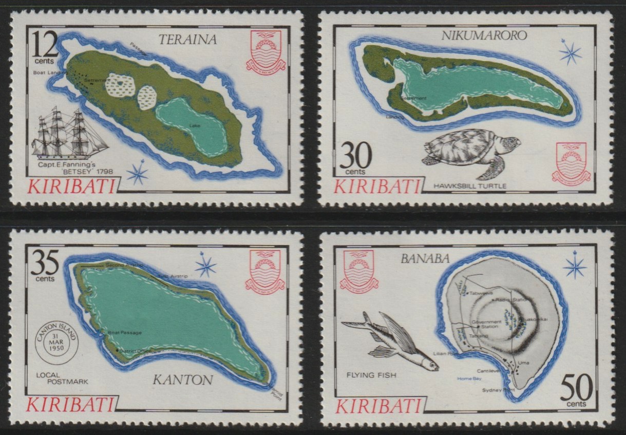Kiribati 1984 Island Maps #3 set of 4, SG 215-8 unmounted mint*, stamps on maps, stamps on turtles, stamps on ships, stamps on aviation, stamps on postal