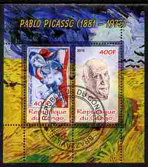 Congo 2010 Pablo Picasso perf sheetlet containing 2 values fine cto used, stamps on personalities, stamps on arts, stamps on picasso
